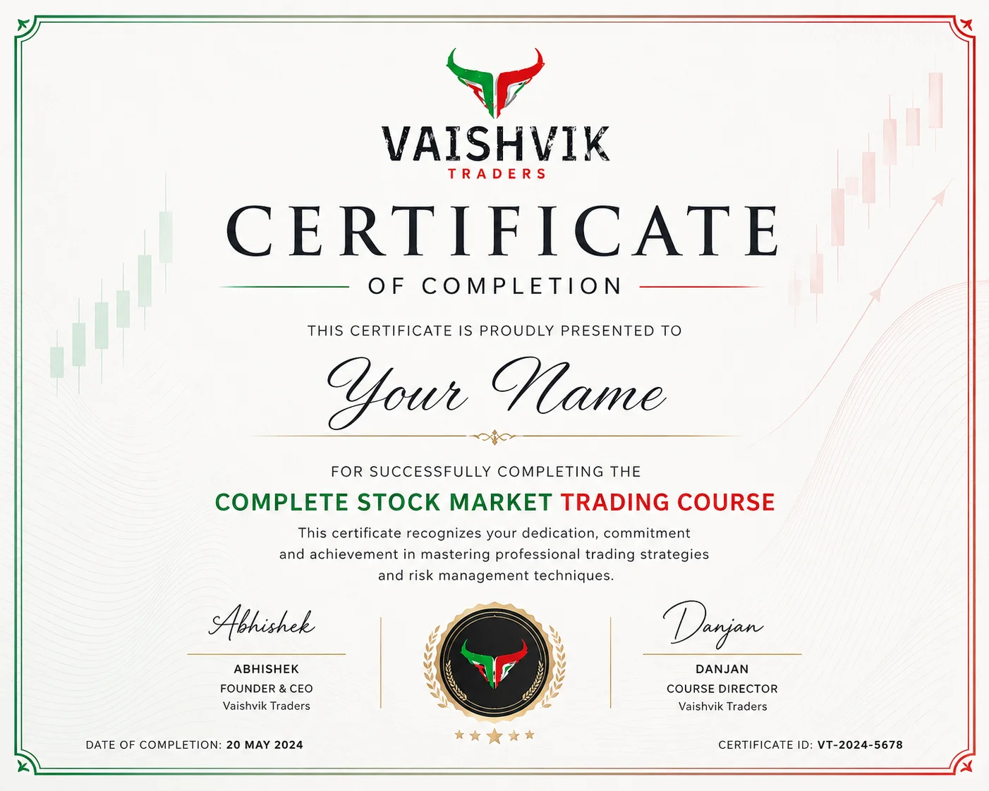Stock Market Mastery Programme completion certificate from Vaishvik Traders, Jaipur
