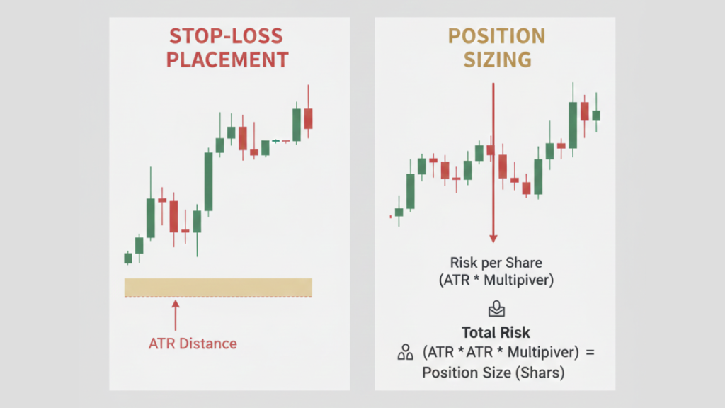ATR indicator used for stop loss placement and risk management in stock trading