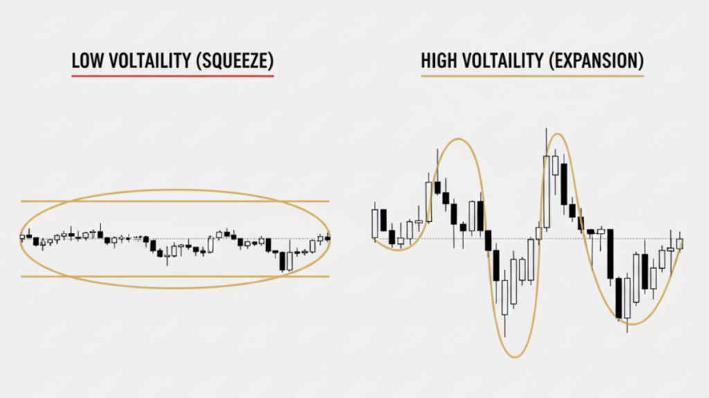 Bollinger Bands indicator showing volatility squeeze and expansion in stock market trading