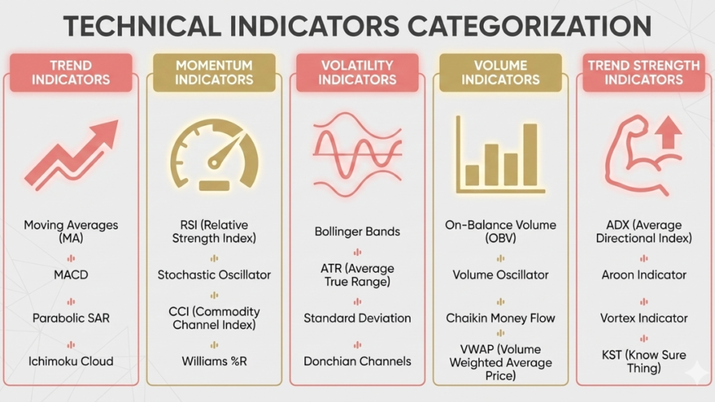 Types of technical indicators in stock market including trend momentum volatility volume and strength indicators