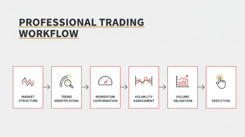 Professional trading workflow using technical indicators from market structure to trade execution