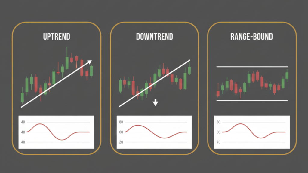 RSI indicator behavior in trending and range bound markets showing momentum strength in stock trading